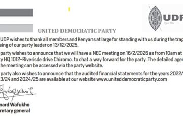 The UDP wishes to thank all members and Kenyans at large for standing with us during the traggicpassing of our party leader on 13/12/2025