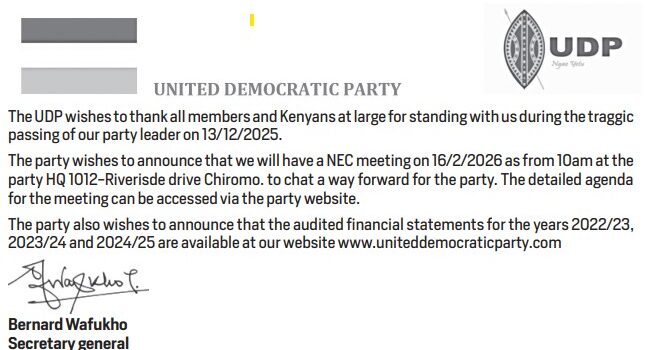 The UDP wishes to thank all members and Kenyans at large for standing with us during the traggicpassing of our party leader on 13/12/2025